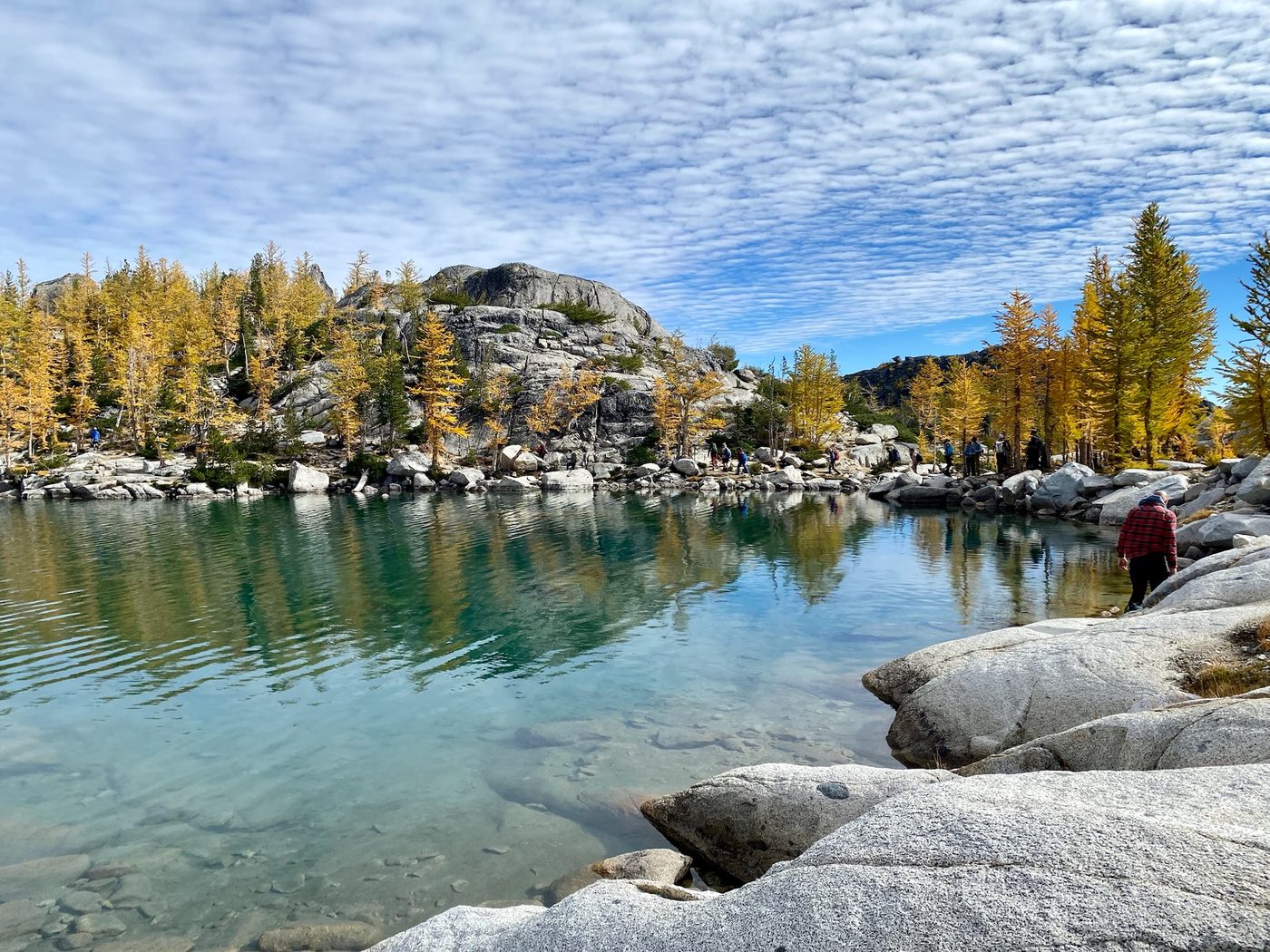Hikers along an alpine lake surrounded by golden larch trees near Bellingham, WA